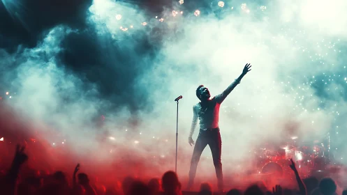 Backlit vocalist silhouetted in cinematic stage fog.