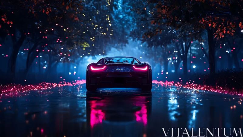 Neon hypercar on rain soaked avenue with bioluminescent glow