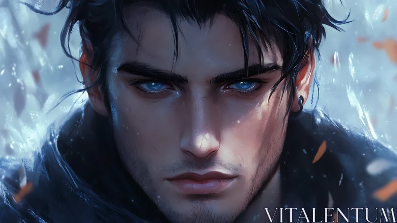 Digital portrait depicts close-up male face with icy gaze