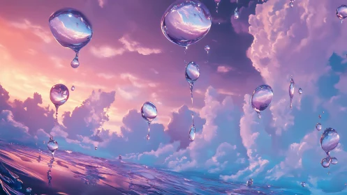 Floating crystal droplets shimmer above a pastel ocean sky.