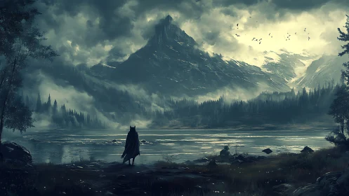 Cloaked wanderer before storm-bitten mountain kingdom.