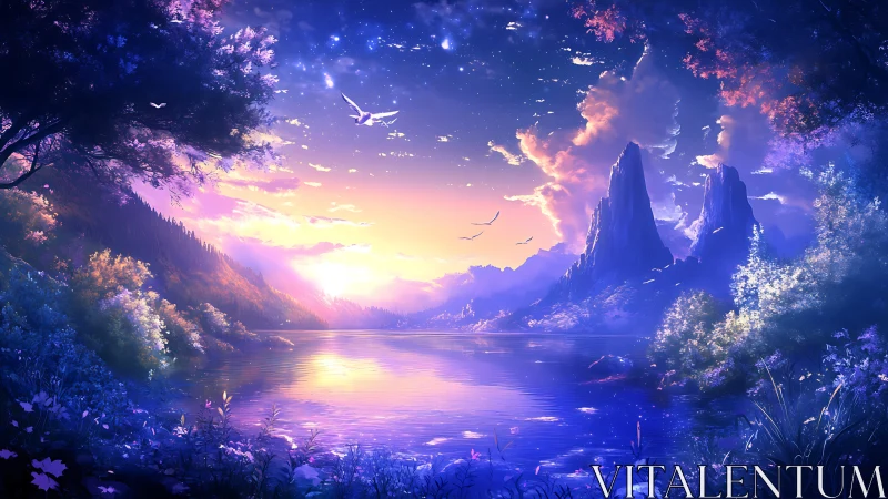 Twilight lake cradles star-kissed peaks in luminous hush.