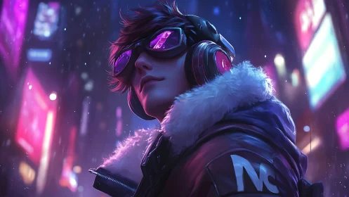 Neon-lit cyber youth in reflective goggles dominates nightscape