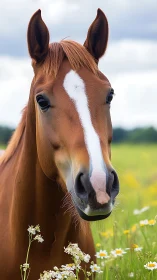 Chestnut horse portrait with blaze marking in meadow light.