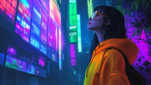 Girl in neon city street studies glowing holographic billboards