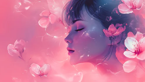 Profile portrait of a woman amid stylized pink blossoms