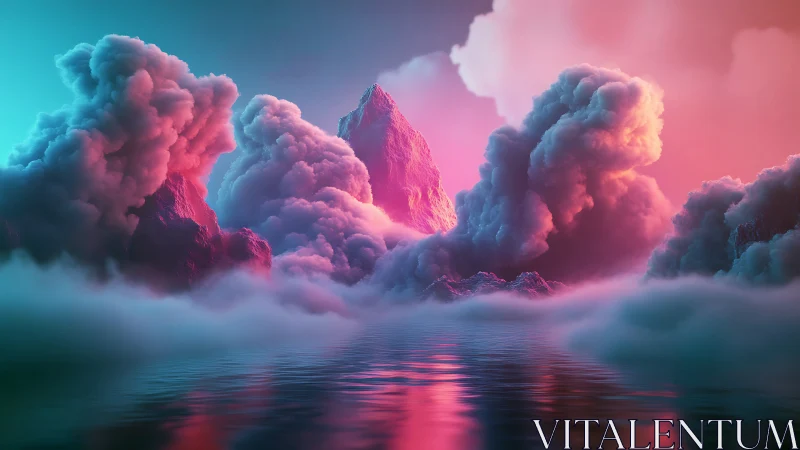 Neon clouds drift around glowing peaks above calm waters.