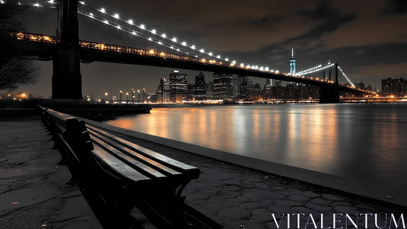 Urban riverfront bench and illuminated suspension bridge at night.