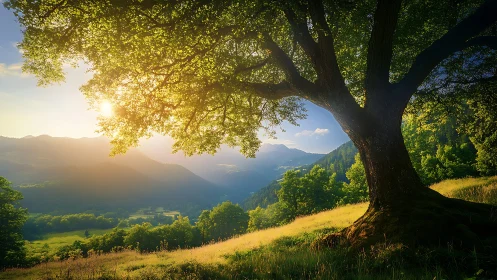Sunlit hillside oak overlooking layered alpine valley panorama