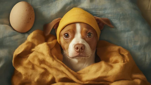 Dog in yellow hat lies on fabric beside single speckled egg