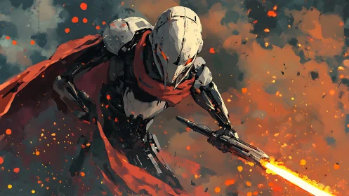 Armored cyborg warrior charging through fiery battlefield.