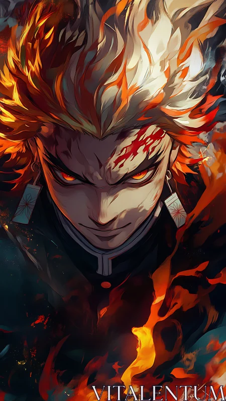 Fiery anime warrior locks eyes with viewer in fierce focus