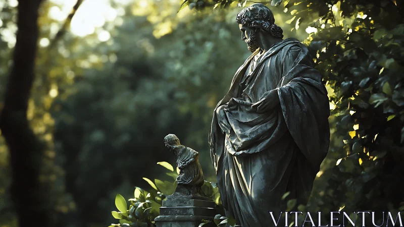 Photorealistic stone statues in verdant bokeh woodland setting.