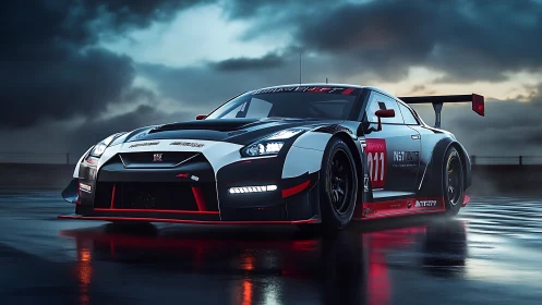 GT race car with aero kit on wet track under stormy evening sky
