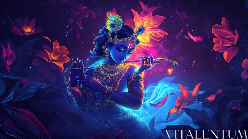 Divine blue figure playing flute amid neon lotus bloom.