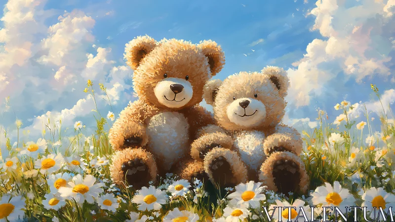 Teddy bears sit in a daisy field under bright cloudy sky