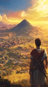 Sunlit warrior overlooking ancient valley citadel at dusk.