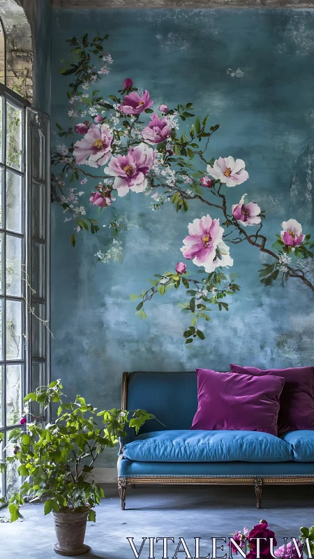 Blue sofa under floral mural in light filled interior room.