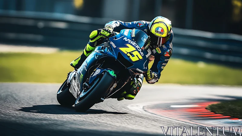 Motorcycle racer leans low through fast circuit corner