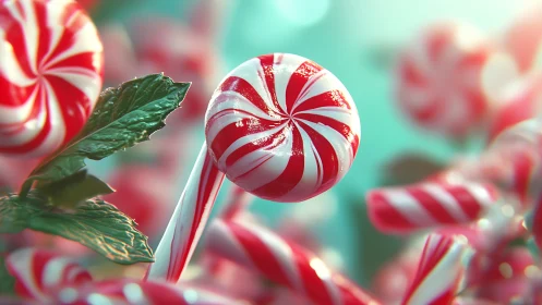 Red and white peppermint lollipop surrounded by candy.