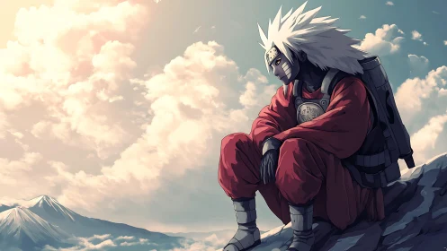 Mountain sage in scarlet robes dreaming beneath wide skies.