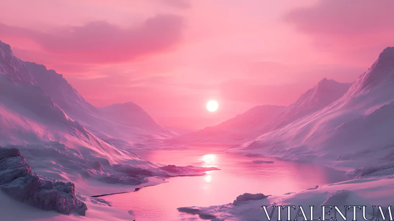 Glacial valley lake at pink atmospheric sunset illumination