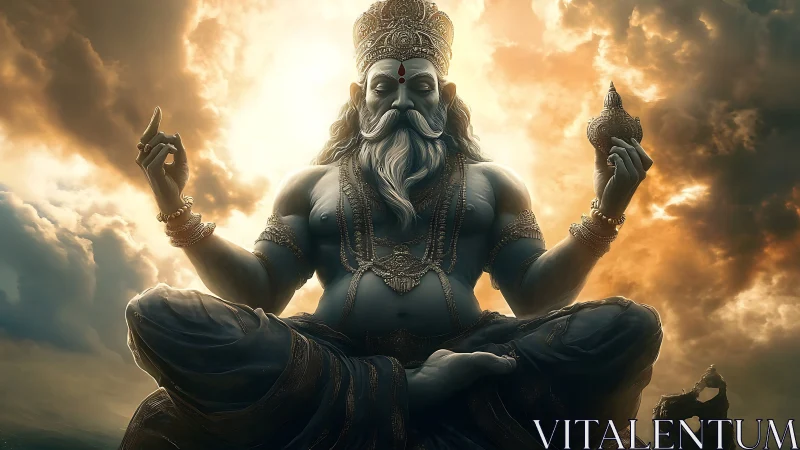 Divine blue-skinned sage in lotus pose against radiant clouds