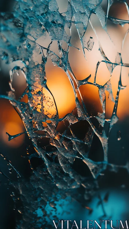 Macro ice fragments against defocused warm light background.