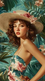 Tropical portrait study with floral textiles and hat geometry.