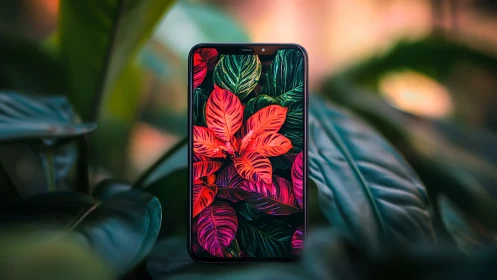 Smartphone display merges with high-saturation tropical foliage scene