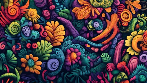 Dense abstract foliage forms interlocking colorful organic shapes