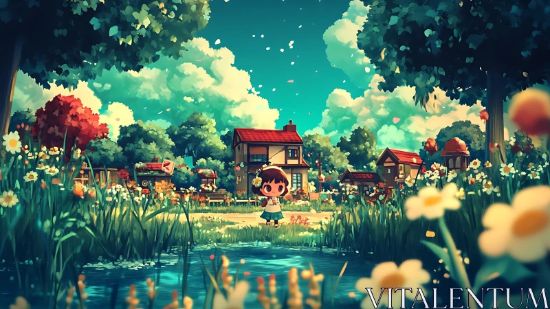 Child explores vibrant village pond under summer sky.