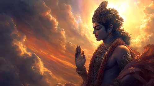 Divine celestial figure blessing amid radiant sunset clouds.