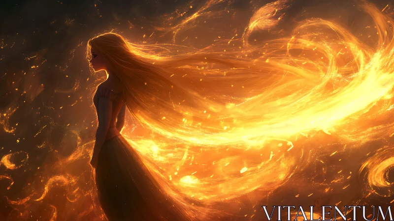 Fiery-haired girl commands swirling golden light field.