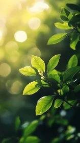 Sunlit green leaves with dreamy bokeh glow background.