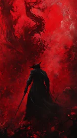 Dark cloaked swordsman silhouette amid swirling red haze.