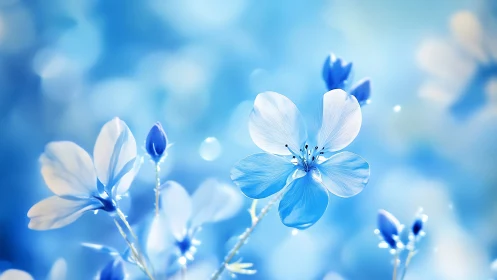 Blue and White Flowers in Soft Focus Against Sky.