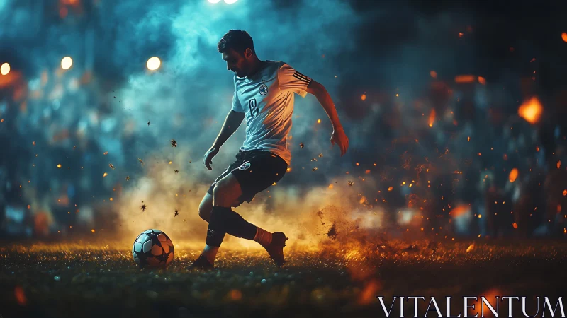 Soccer player controls ball on lit field amid smoke and sparks