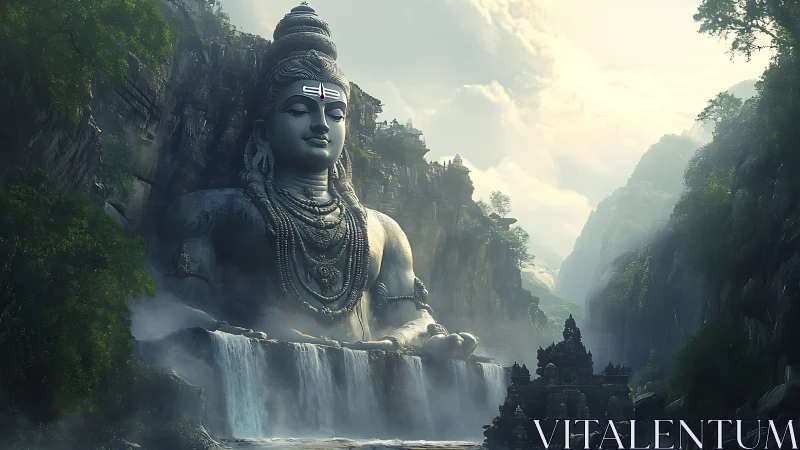 Colossal Shiva rock sculpture integrates with cascading waterfalls