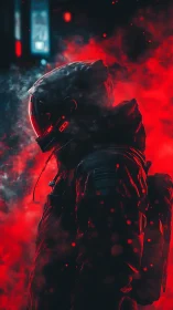 Lone space wanderer glowing in neon red misted night.