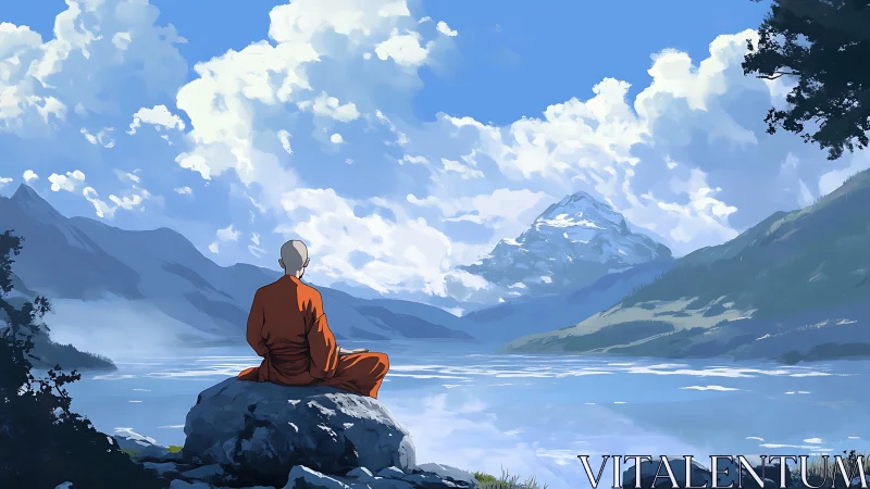 Monk in orange robes contemplates layered alpine lake panorama