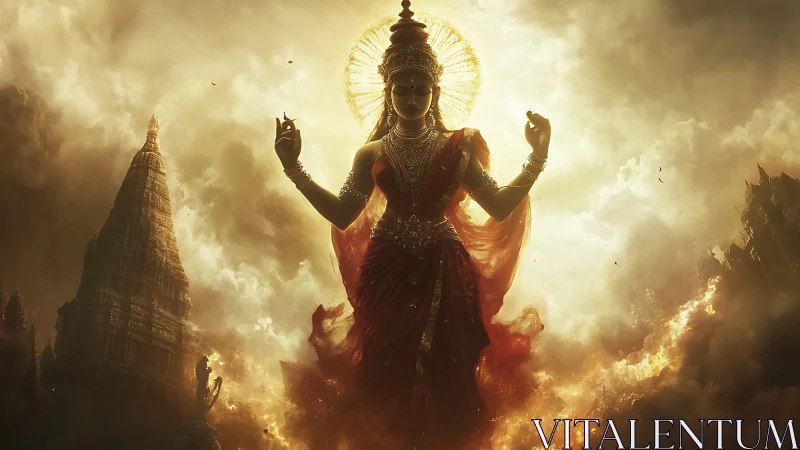 Divine goddess silhouette framed by radial backlight and temple ruins