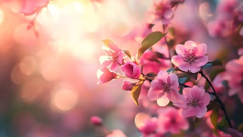 Spring Cherry Blossom Cluster Photographed Under Golden Hour Atmospheric Lens Diffusion.