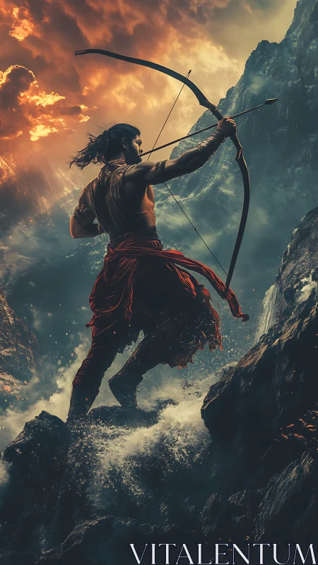 Warrior archer stands on stormy rocks with drawn bow.