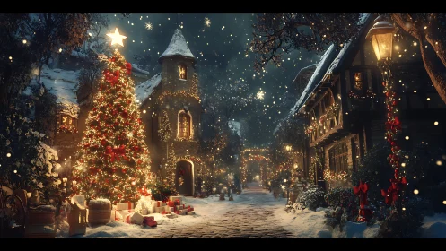 Snow-covered village street showcases illuminated Christmas tree