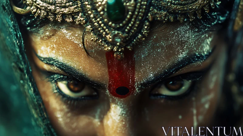 Ritual gaze macro portrait with pigment, metalwork and intensity.