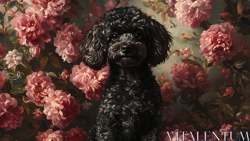 Midnight poodle muse amid opulent storm of painted peonies.
