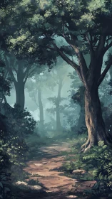 Misty Forest Canopy: Digital Illustration of Woodland Depth.