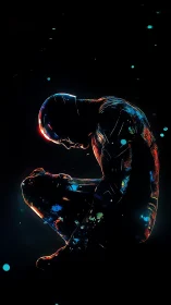 Neon sentinel kneels alone, glowing quietly in the void