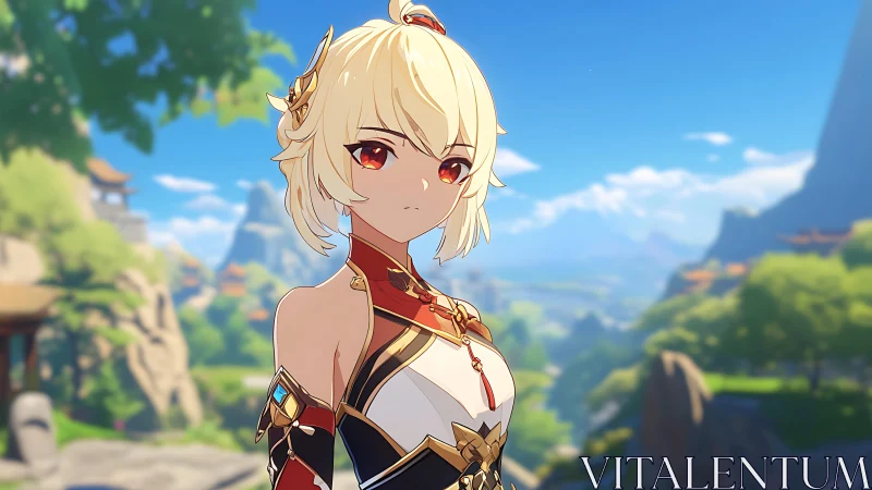 Blonde warrior portrait in ornate armor under vivid skies.